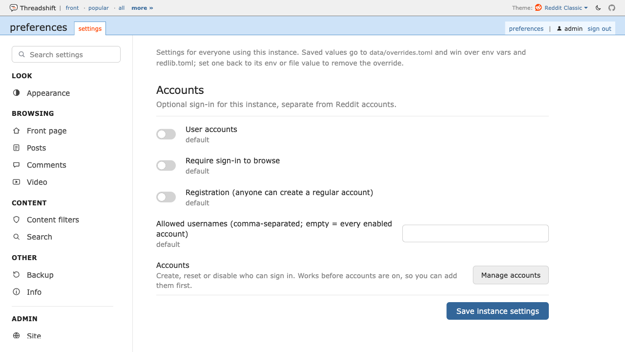 Instance settings, Accounts group