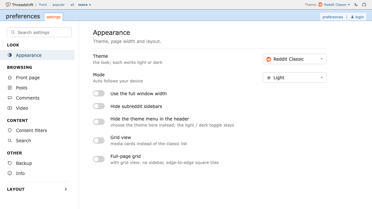 Preferences page