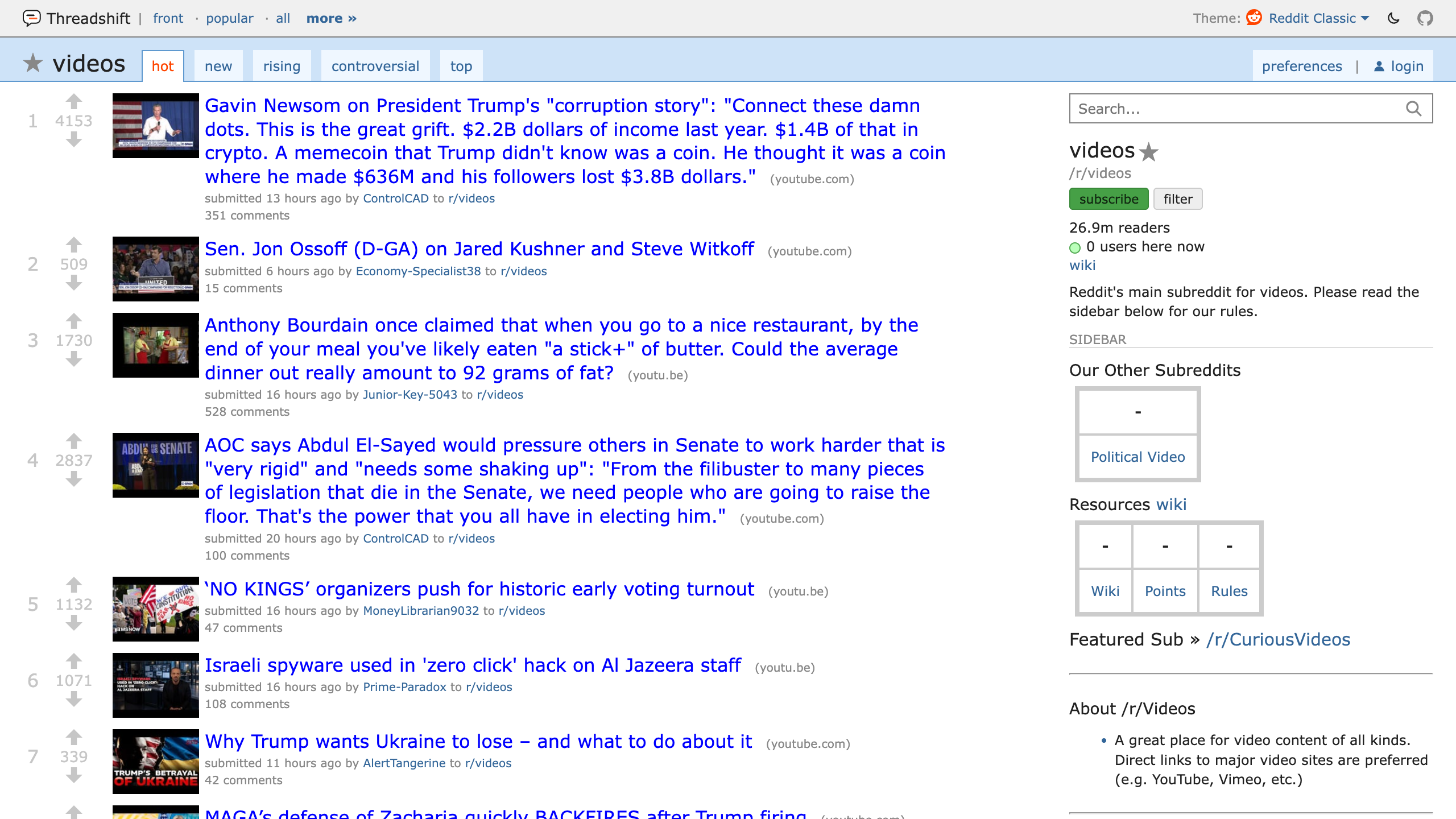 Threadshift showing r/videos in the classic layout